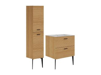 Vente-Unique Mueble de ba&ntilde;o veteado con patas, lavabo encastrado y columna - 2 cajones - Natural claro - 60 cm - SARONE