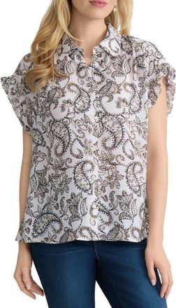 Jones New York Print Ruffle Sleeve Shirt in White Sand Multi at Nordstrom, Size X-Large