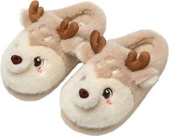 Generic Christmas Slippers for Women Men Cozy Winter Warm Shoes Cute 3D Animal Indoor Outdoor Comfortable Soft Footwear Khaki