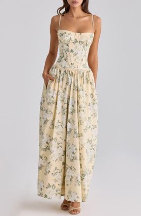 House of CB Rona Lemon Floral Stretch Cotton Maxi Sundress at Nordstrom, Size X-Small A