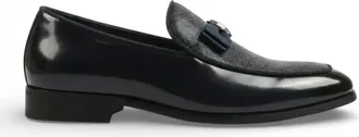 Infinity Leather Mens Black Textured Front Iconic Buckle Bow Loafers Shoes