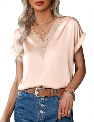 Zeagoo Womens Satin Blouse Summer T-Shirts Lace V Neck Ladies Tops Tunic Blouse Shirts Elegant Short Sleeve Casual T Shirts Beige XXL