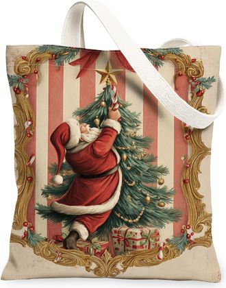 Generic Christmas Vintage Canvas Tote Bags, Festive Santa Tree Design Reusable Grocery Bags, Holiday Lightweight Washable Shoulder, Red, 13x15 Inch