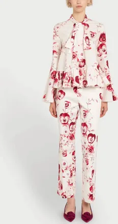 Giambattista Valli Ruby Pansies Poplin Long Sleeve Top In Ivory Multi