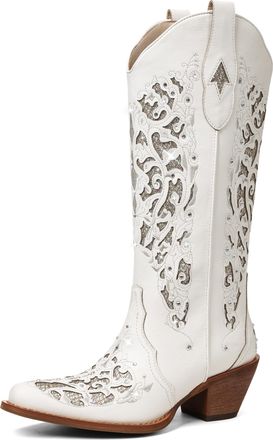 SaraIris Womens Black Cowgirl Boots Cowboy Boots Western Boots Wide Heel Pointed Toe Rhinestone Knee High Boots, 1 x White, 7 UK