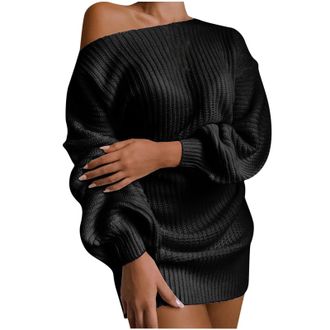 Generic Off Shoulder Jumpers for Women UK Cable Knitted Lantern Sleeve Cold Shoulder Sweaters Dress Solid Color Pullover Sweater Elegant Long Jumpers for Wome