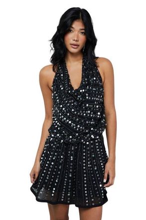 Warehouse Sequin Cowl Front Flippy Mini Dress in Black at Nordstrom, Size 10