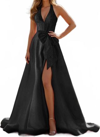 Sherri Hill Halter Bow Maxi Dress In Black