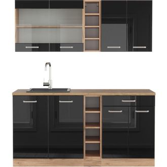 Vicco Cocina Vers&aacute;til R-line, Roble Negro/dorado De Alto Brillo, 160 Cm, Et Roble