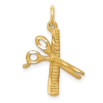 Diamond2Deal 14k Yellow Gold Satin Diamond-cut Comb and Scissors Charm Pendant