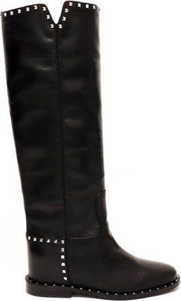 Via Roma 15 High Black Leather Boots With Silver Stud Accents