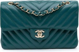 Chanel Borsa a spalla Classic Double Flap media in pelle Caviar con motivo chevron 2018-2019 - Blu