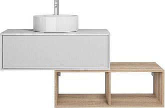 Vente-Unique Mueble de ba&ntilde;o suspendido con lavabo redondo - 1 caj&oacute;n blanco y 2 estantes claros naturales - 94 cm - TEANA II