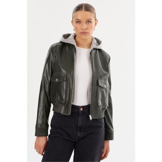 LaMarque CANDACE | Leather Bomber Jacket in Dark Olive/heather Grey at Nordstrom, Size Xx-Small