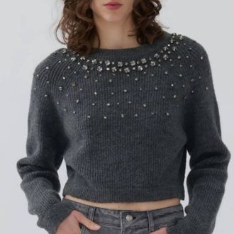 Nocturne Stone Embellished Crop Sweater In Deep Grey