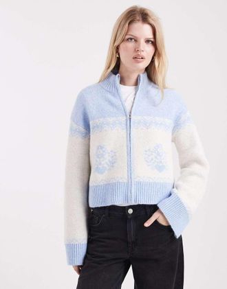 Miss Selfridge Cardigan blu con zip e motivo decorativo-Multicolore