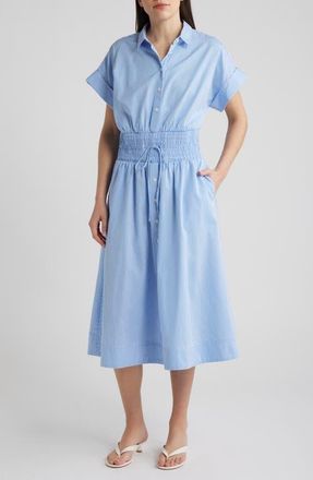 Spanx Stripe Smocked Waist Cotton Midi Dress in Aster at Nordstrom, Size X-Small