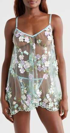 Kilo Brava Embellished Embroidered Sheer Chemise in Powder Blue Multi at Nordstrom, Size Xx-Large
