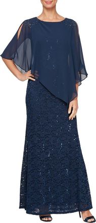 S.L. Fashions Sequin Lace Capelet Dress in New Navy at Nordstrom, Size 14P