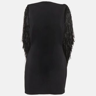 DAVID KOMA Black Jersey Textured Fringed Mini Dress