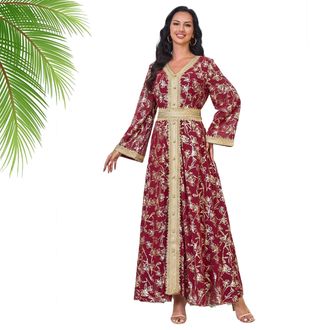 Generic Ethnic Muslim Gold-Embroidered Abaya Dress for Womens, Modest Evening Gown with Breathable Fabric & Comfortable Design (Red,L)