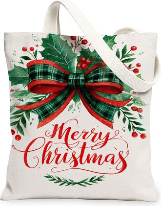 Generic Christmas Holly Canvas Tote Bags, Reusable Grocery Bags with Merry Design, Lightweight Washable Shoulder Strap Canvas for H, White, 13x15 Inch