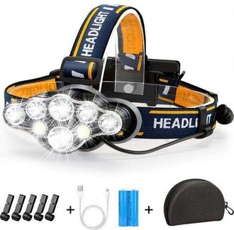 OEM Linterna Frontal Led Recargable, Ultra Potente Con 8 Led Y 18000 L&uacute;menes, Resistente Al Agua Y Ligera, Perfecta Para Acampar, Pescar, Espeleolog&iacute;a, Co