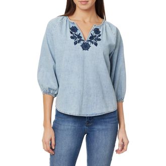 Curve Appeal Embroidered Denim Peasant Top in Palma at Nordstrom Rack, Size Large