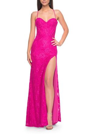 La Femme Stretch Lace Dress with Bustier Top and Illusion Back in Hot Fuchsia at Nordstrom, Size 10