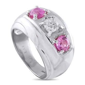 Luxury Bazaar 14K White Gold 0.75ct Diamond and Pink Sapphire Three-Stone Ring MF14-070226