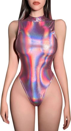Generic Women Sexy Jumpsuit Long Sleeves Womens Turtleneck Neck Clubwear Sleeveless See Through Metallci Slit Leotard Bodysuit Tops Glittery Suit (Pink, L)