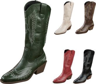 Generic Womens Western Mid-Calf Cowboy Boots with Floral Embroidered, Ladies Pointed Toe Chunky Heel Slip on Retro Tall Boots Classic Pull On Design Western F