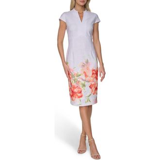 Calvin Klein Placed Floral Print Cap Sleeve Sheath Dress in Starburst Multi at Nordstrom Rack, Size 10