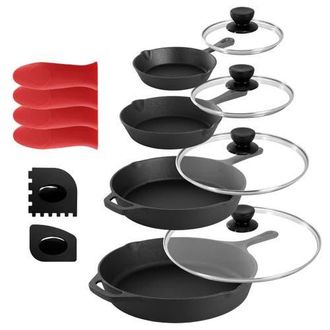 MegaChef 13 Piece Cast Iron Skillet Set with Tempered Glass Lids and Silicone Holders in Black at Nordstrom
