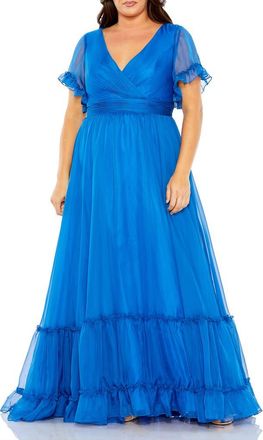 Mac Duggal Chiffon Faux Wrap Flutter Sleeve Tiered Gown in Ocean Blue at Nordstrom, Size 18W