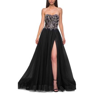 La Femme A-line Tulle Prom Dress with Stunning Floral Beaded Design in Black at Nordstrom, Size 10