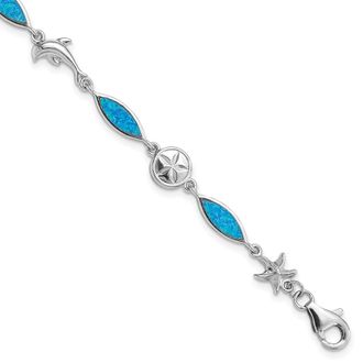 Diamond2Deal Sterling Silver Rhodium-plated Lab Created Opal Sea Life Bracelet