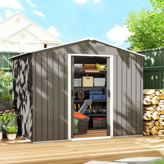 OUTSUNNY Garden Storage Shed with Double Sliding Door Outdoor in Light Grey