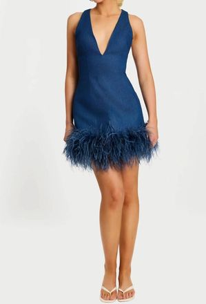 Jovani V-Neck Feather Hem Dress In Denim