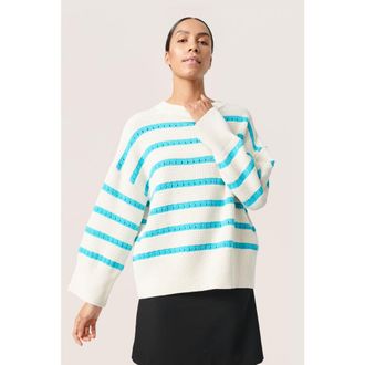 Soaked In Luxury Ravalina Stripes Casual Fit Pullover in White And Sea Jet Stripe at Nordstrom, Size Xx-Large
