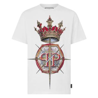 Philipp Plein Tops, Heren, Wit, 5Xl, Katoen, Round Neck T-Shirt Crown Stones