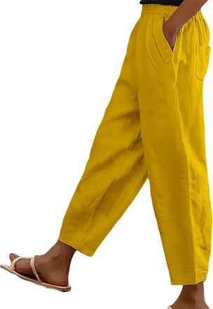 Generic Cotton Linen Trouser Women UK Solid Color Elasticated Waist Trouser Ladies Summer Lounge Pants Loose Fit Full Length Pant Casual Straight Leg Bottoms 