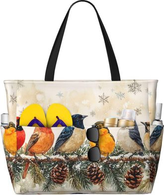 Generic Winter Birds Print Large Beach Bag Foldable Travel Shoulder Tote Bag With Pocket For Weekender Pool Vacation