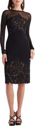 Tadashi Shoji Illusion Neck Laser Cut Long Sleeve Mesh Cocktail Dress in Black/Nude at Nordstrom, Size 10