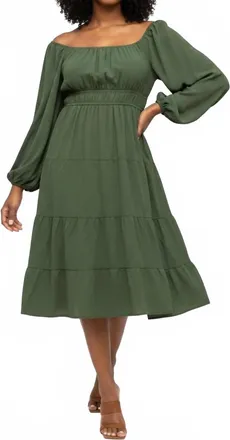 She + Sky Womens Long Sleeve Woven Tiered Dress In Olive