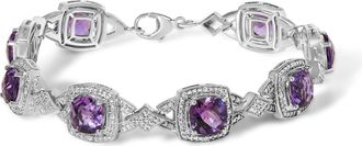 House of Brilliance Sterling Silver Cushion-Cut Purple Amethyst & Diamond Vintage Halo Link Bracelet