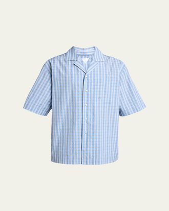 Bottega Veneta Mens Cotton and Silk Textured Plaid Short-Sleeve Shirt
