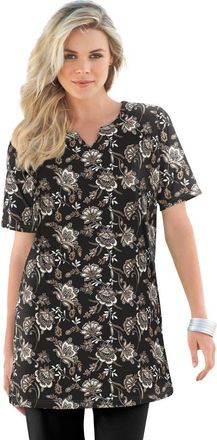 Roaman's Plus Size Soft Knit Print Tunic With Notch Neckline in Black Porcelain Floral at Nordstrom, Size Medium