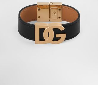 Dolce & Gabbana Calfskin Bracelet With Dg Logo - Man Bijoux Black Leather S
