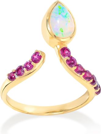 Tiramisu 14K Gold Plated Over 925 Sterling Silver Opal and Pink Sapphire Open Band Ring